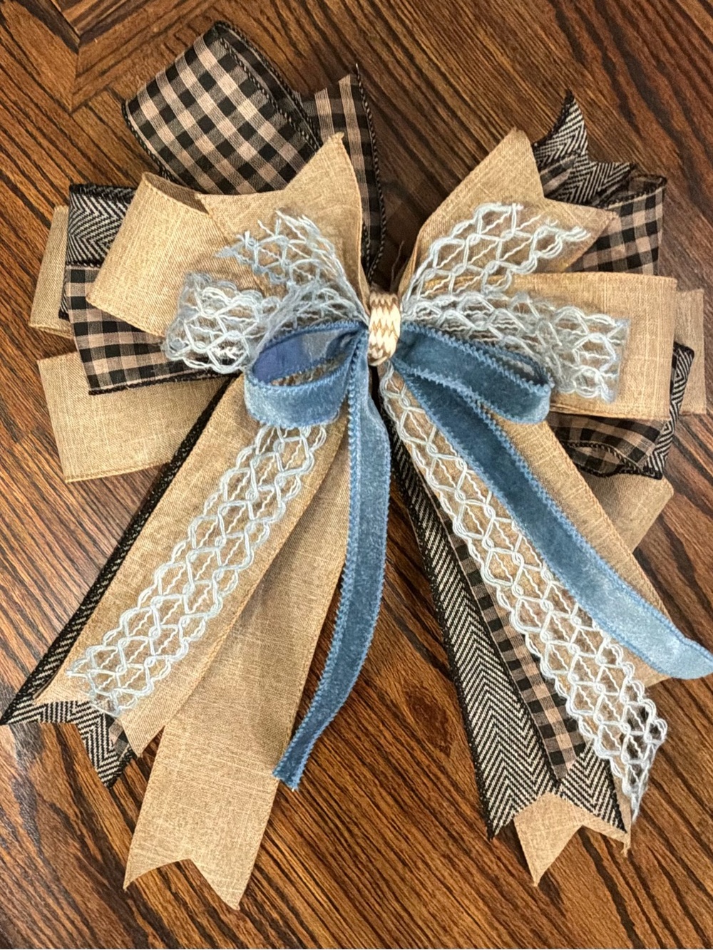 Handcrafted Burlap & Blue Velvet Holiday Wreath Bow